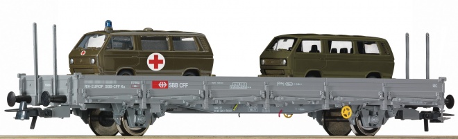 Flat car with two VW T3 of Swiss Army<br /><a href='images/pictures/Roco/224732.jpg' target='_blank'>Full size image</a>